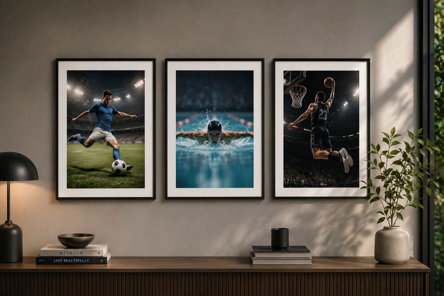 Sports framed wall art in a living room