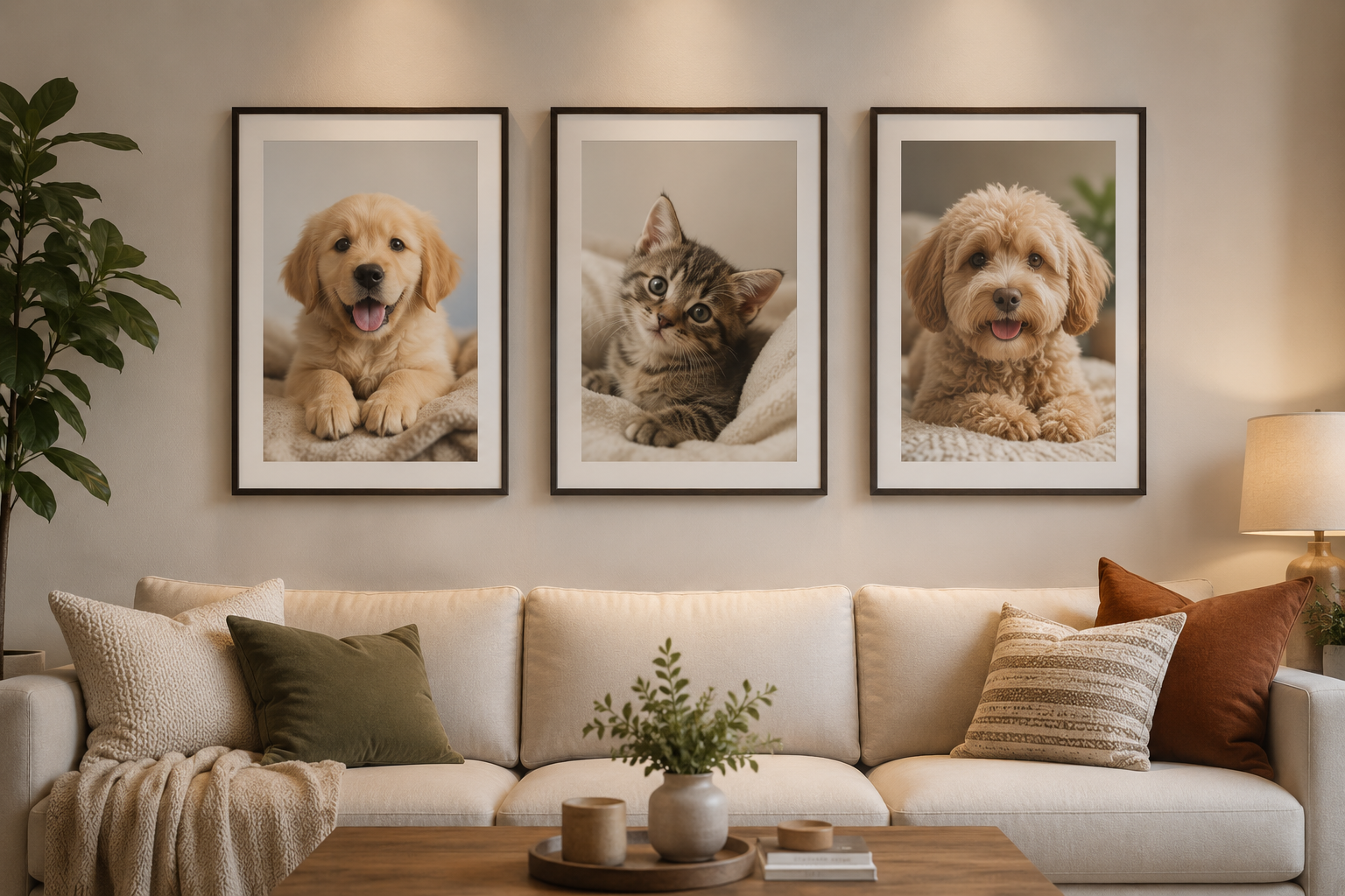 Framed pet portrait in a beautiful frame on wall