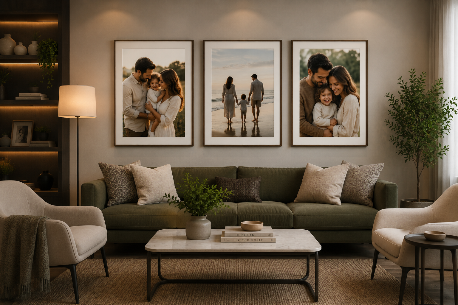 Family framed wall art in a living room